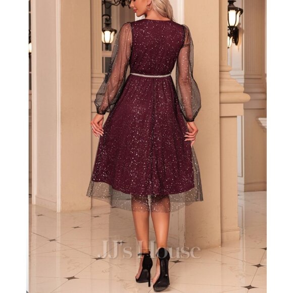 JJs House Burgundy A-Line Dress XL Womens Sparkly Party Gown With Sheer Sleeves - Picture 2 of 16